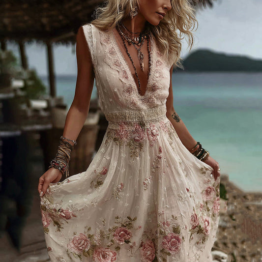 Vintage Floral Art Embroidered Linen Sleeveless Comfy Maxi Dress artswardrobe
