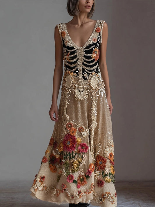 Comstylish Vintage Skeleton Flowers Glitter V Neck Flowy Maxi Dress