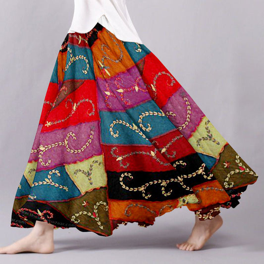 Boho Vintage Patchwork Flowy Wide Skirt artswardrobe
