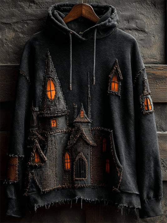 Comstylish Halloween Spooky Castle Stitched Washed Hoodie