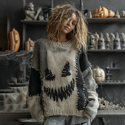 Halloween Spooky Face Contrast Stitched Cozy Knit Sweater elevenforest