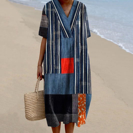 Comstylish Women's Geometric Stripes Stitching Art Linen V-neck Dress