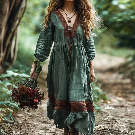 Women's Boho Linen Blend Ethnic Midi Dress artswardrobe