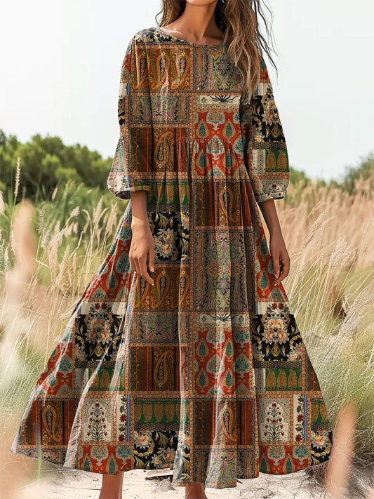 Women's Vintage Bohemian Floral Art Print Flowy Cotton Crew Neck Dress