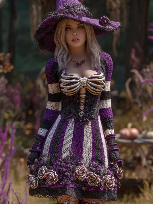 Comstylish Halloween Skeleton Floral Stripe Art Women's Knit A-line Mini Dress