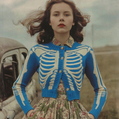 Women's Vintage Skull Ribs Pattern Cozy Knit Sweater Cardigan artswardrobe