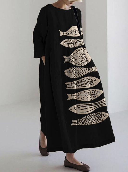 Comstylish Fish Japanese Lino Art Flowy Linen Blend Maxi Dress