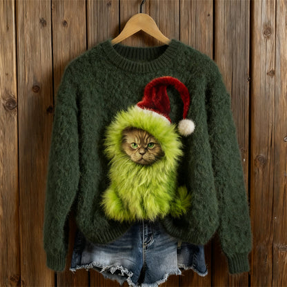 Comstylish Christmas Monster Angry Cat Cozy Knit Sweater