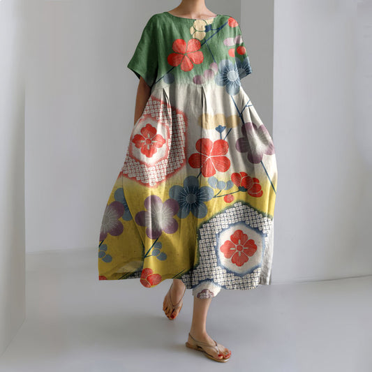 Comstylish Japanese Art Cherry Blossom Print Casual Midi Dress