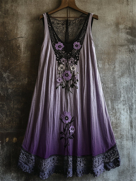 Boho Floral Embroidered Lace Patchwork Gradient Linen Dress artswardrobe