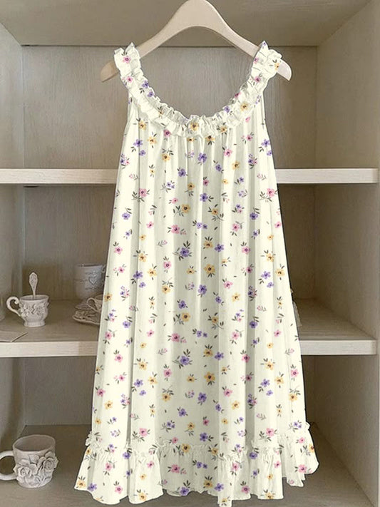Colorful Floral Pattern Ruffle Linen Dress artswardrobe