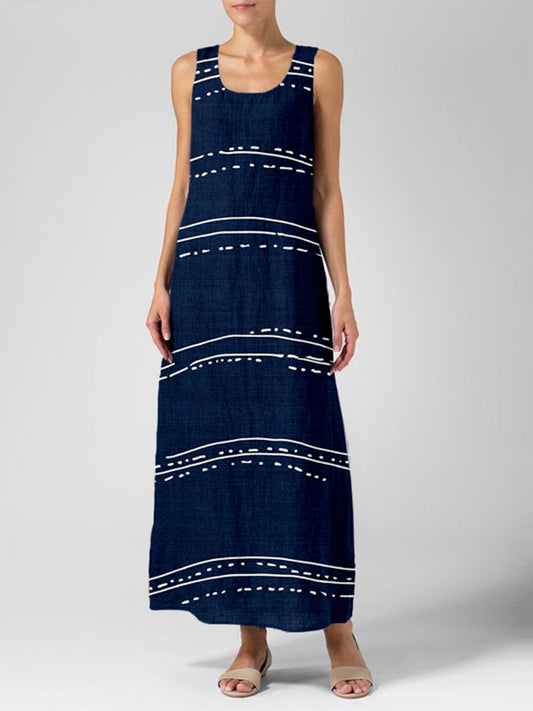 Comstylish Vintage Wave Stripe Pattern Linen Maxi Dress