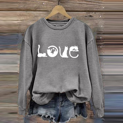 Cat Love Printed Round Neck Casual Sweatshirt elevenforest