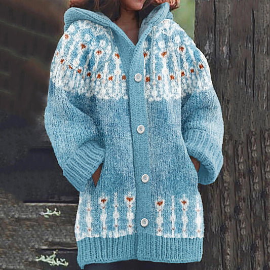 Retro Snowflake Inspiration Icelandic Cozy Hooded Knitted Cardigan elevenforest