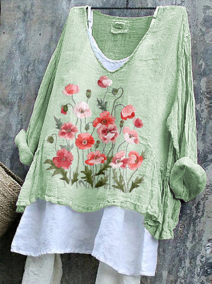 Comstylish Poppy Flower Embroidery Pattern Cozy Cotton Linen Shirt