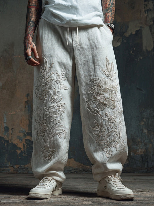 Men's Floral Lace Embroidered Casual Linen Pants artswardrobe