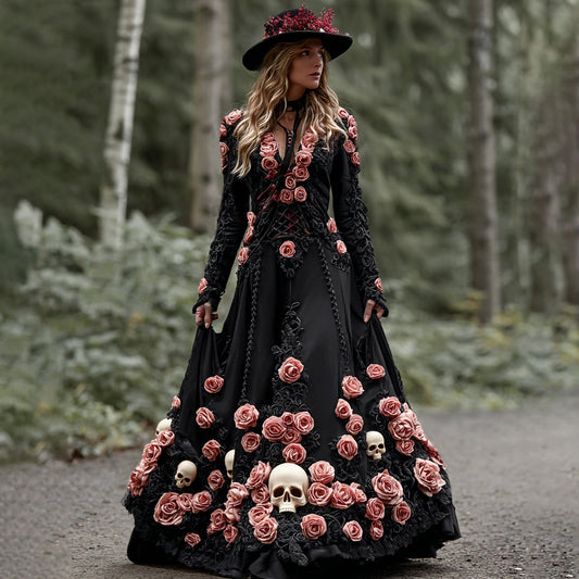 Comstylish Women's Elegant Pink Rose Skull Pattern V-neck Long Sleeve Maxi Dress