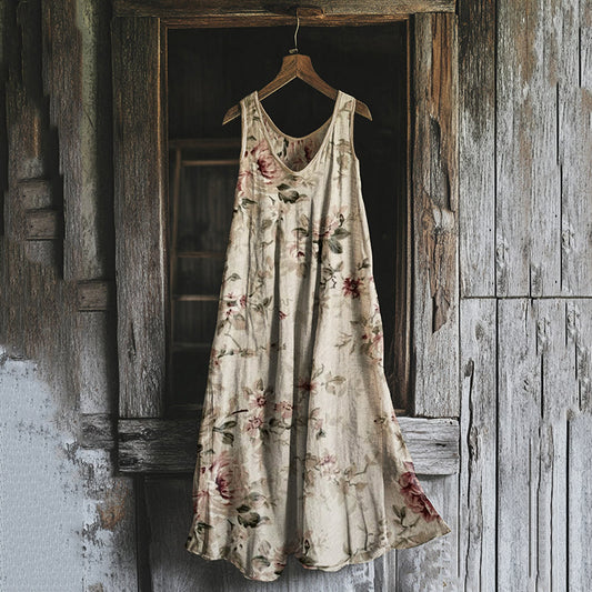 Women's Vintage Flower Print Linen Blend Midi Dress artswardrobe