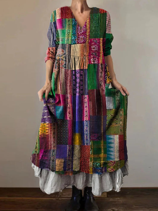 Women's Colorful Patchwork Pattern Art Print V-Neck Button Pocket Cott