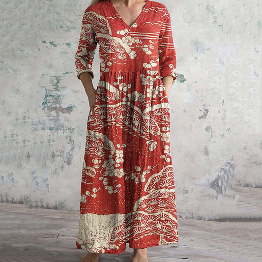 Comstylish Vintage Japanese Floral Art Printed Casual Midi Dress