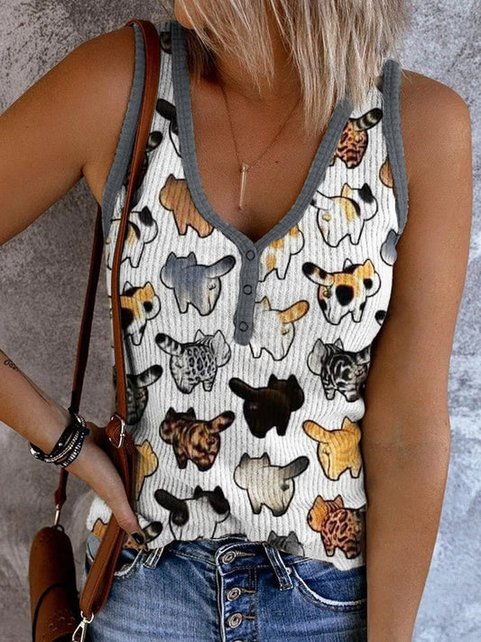 Cat Butt Print Women's V-Neck Knit Tank Top elevenforest