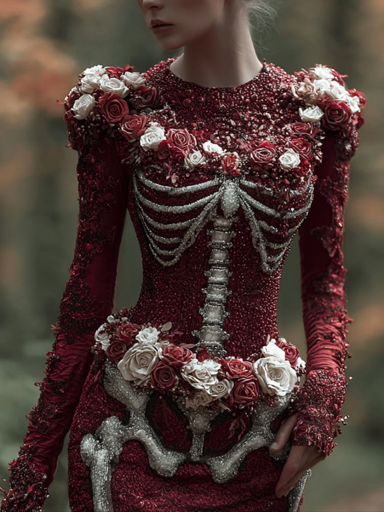 Women Halloween Skeleton Rose Ancient Blood Red Dress artswardrobe