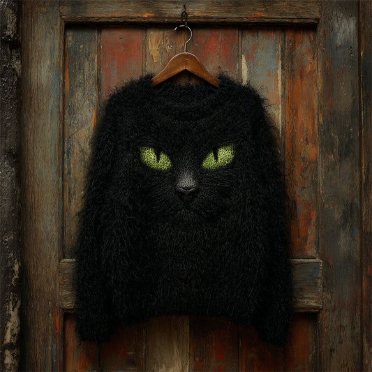 Comstylish Halloween Fuzzy Black Cat Inspired Cozy Knit Sweater