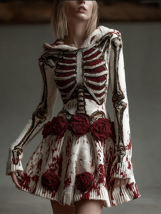 Halloween Blood Rose Women's Knit Hooded Sweater Dress artswardrobe