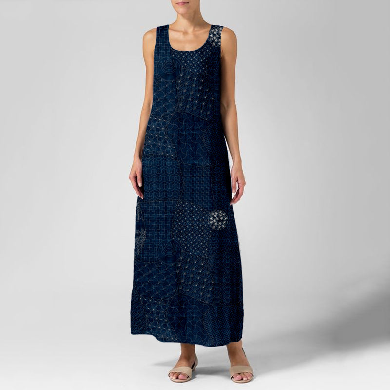 Comstylish Vintage Japanese Traditional Sashiko Art Linen Maxi Dress