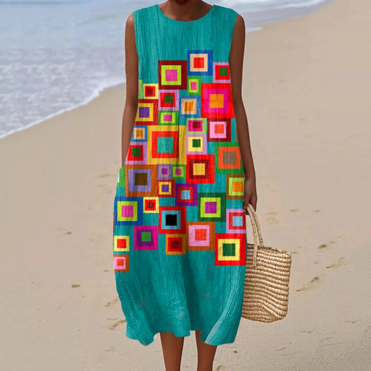 Women's Vintage Abstract Geometric Art Linen Dress artswardrobe