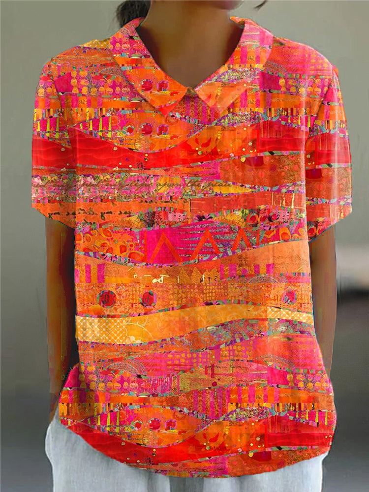 Women's Vintage Art Print Casual Cotton And Linen Shirt artswardrobe