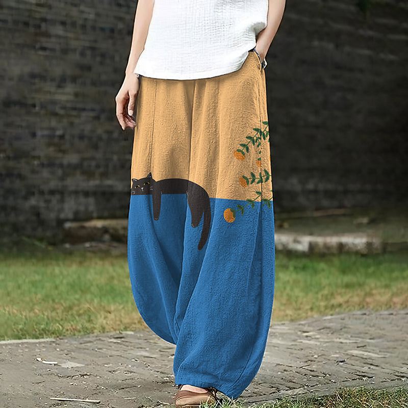 Abstract Creative Lazy Black Cat Painting Art Contrast Loose Casual Pants elevenforest