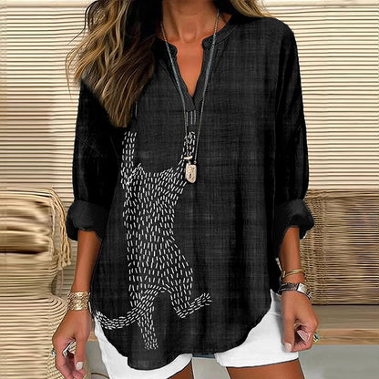 Comstylish Cute Sashiko Cat Japanese Art Cozy Linen Tunic