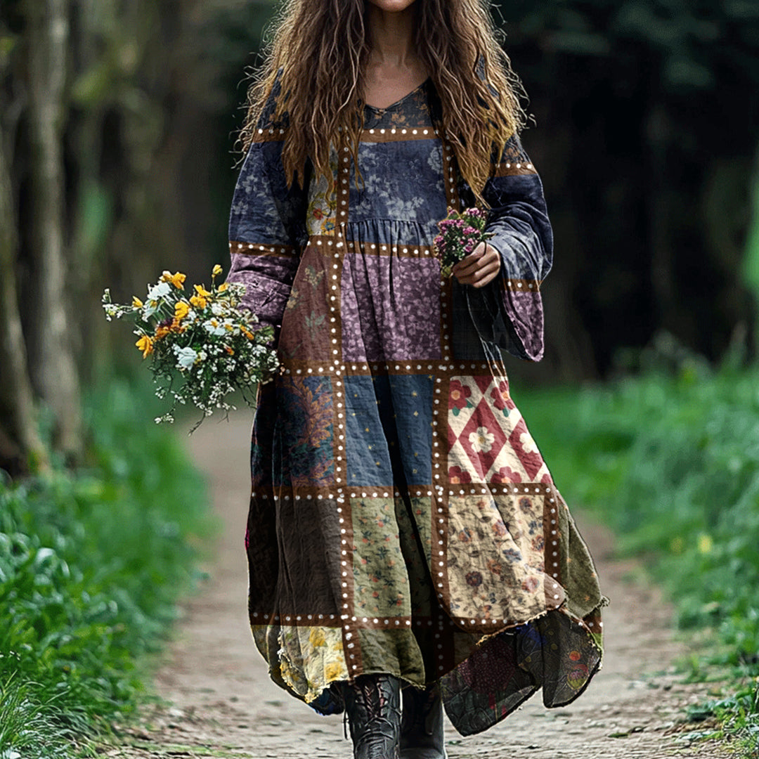 Comstylish Vintage Patchwork Art Cotton Linen Comfy Maxi Dress