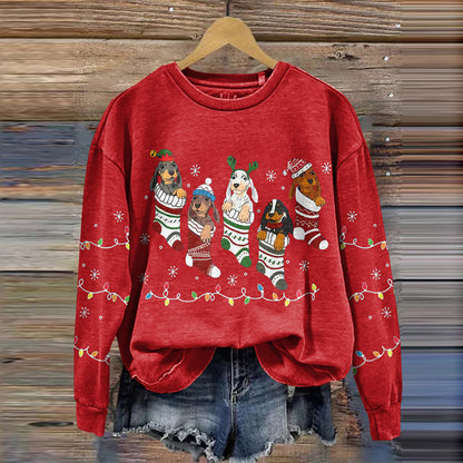 Comstylish Dachshund Dogs Christmas Hat Lights Small Christmas Stocking Art Print Crew Neck Casual Sweatshirt