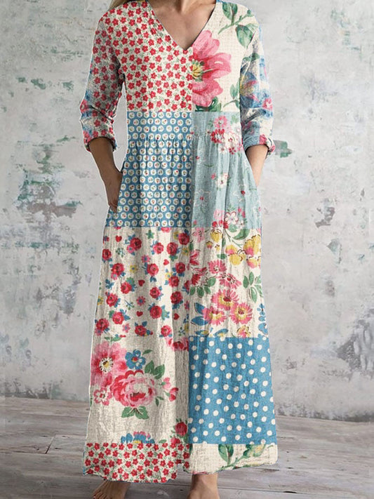 Retro Floral Print Short Sleeve V Neck Midi Dress