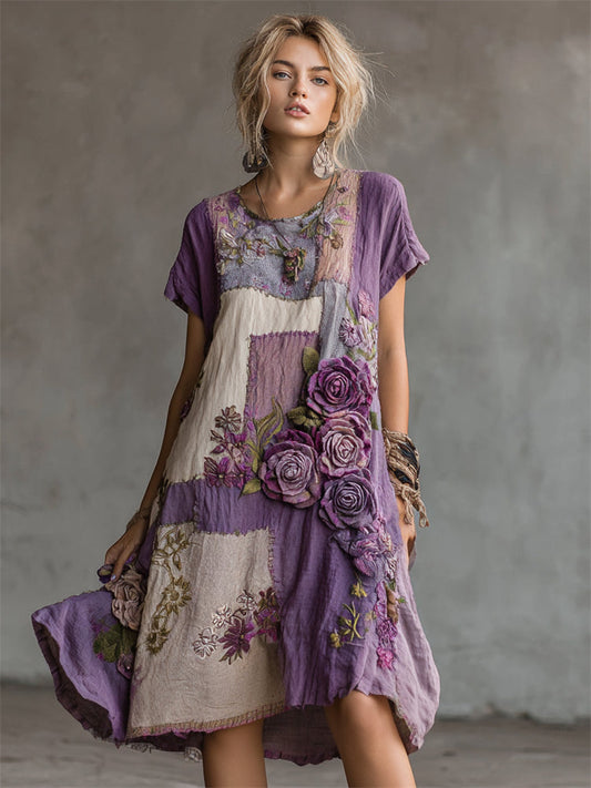 Vintage Roses Embroidered Cottage Patchwork Linen Dress artswardrobe