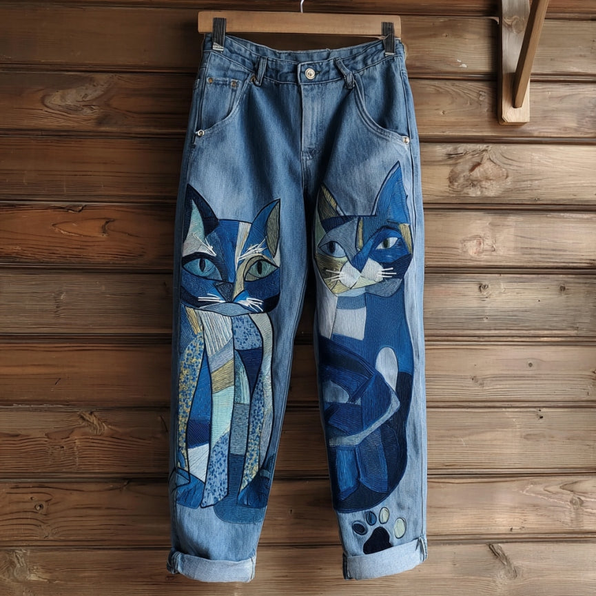 Comstylish Vintage Abstract Cat Embroidered Washed Jeans