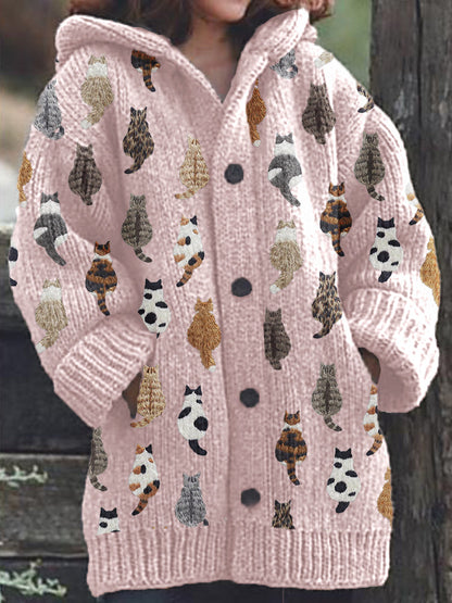 Cats Embroidery Pattern Cozy Knit Hooded Cardigan elevenforest