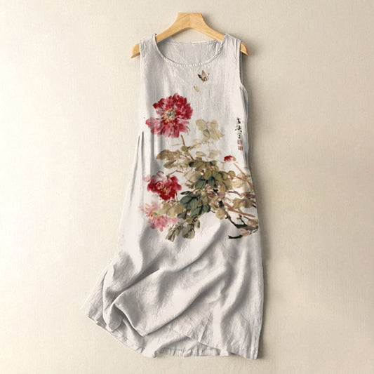Comstylish Vintage Japanese Ink Flower Art Sleeveless Cotton And Linen Midi Dress