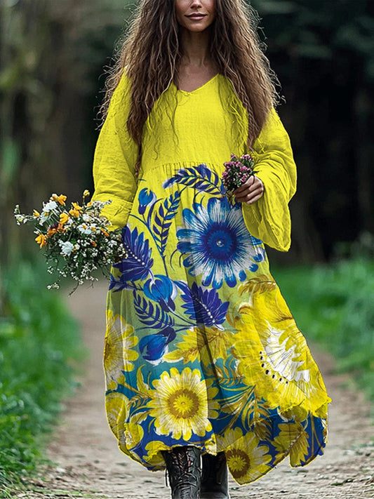 Ukrainian Sunflowers Flowy Linen Blend Maxi Dress artswardrobe