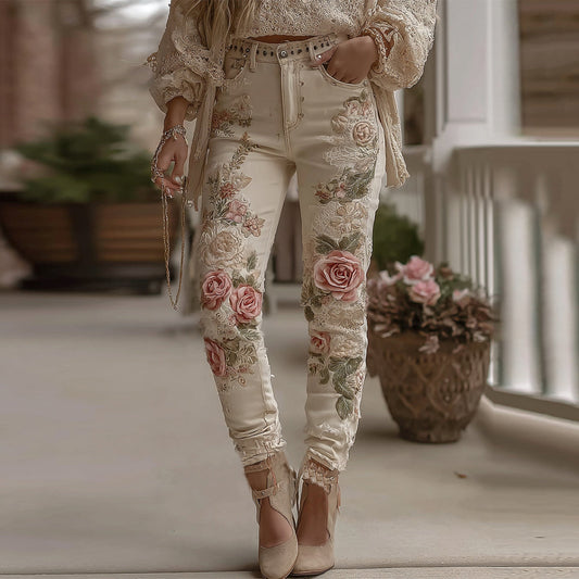 Women's Vintage Rose Floral Embroidery Art Casual Jeans artswardrobe