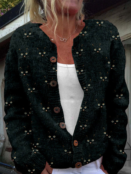 Cute Cat Face Pattern Cozy Knit Cardigan elevenforest