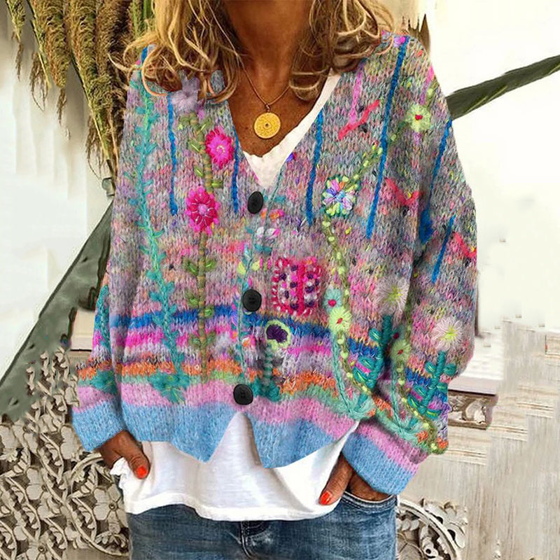 Vintage Floral Print V-Neck Long Sleeved Knitted Cardigan elevenforest