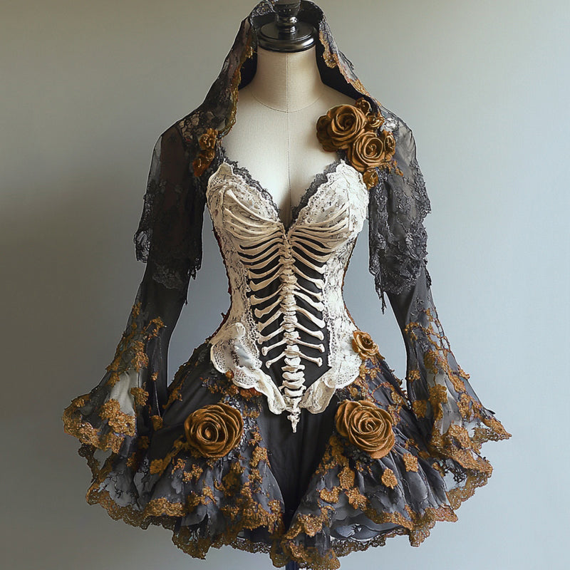 Comstylish Halloween Themed Contrasting Body Art Embroidered Witch Dress