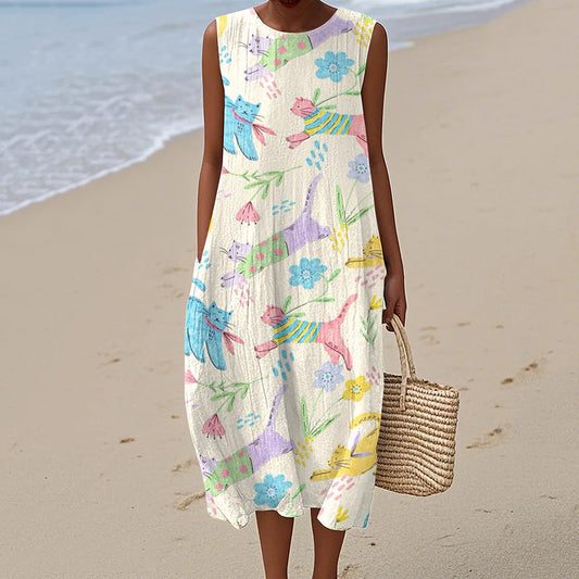 Women's Vintage Floral Cute Cat Art Print Sleeveless Dress elevenforest