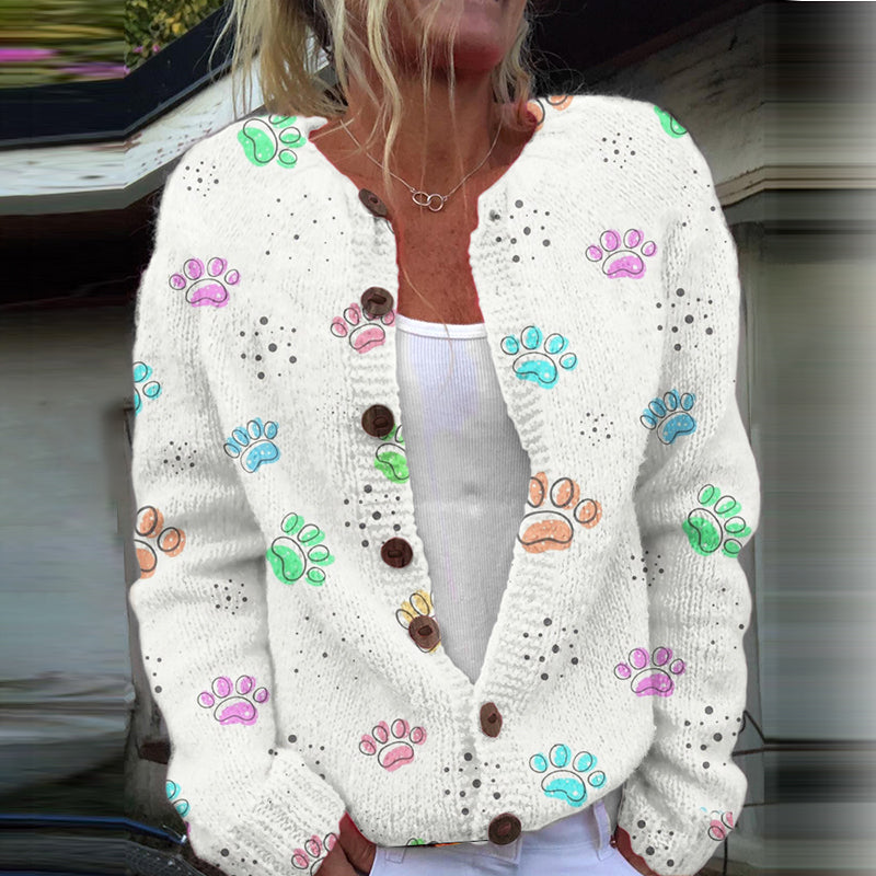 Comstylish Dog Colorful Paw Prints Casual Knitted Cardigan