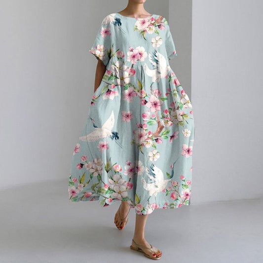 Comstylish Crane Print Round Neck Short Sleeve Casual Midi Dress