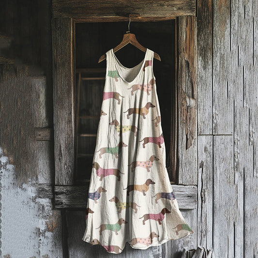 Women's Vintage Dachshund Casual Linen And Cotton Midi Dress artswardrobe