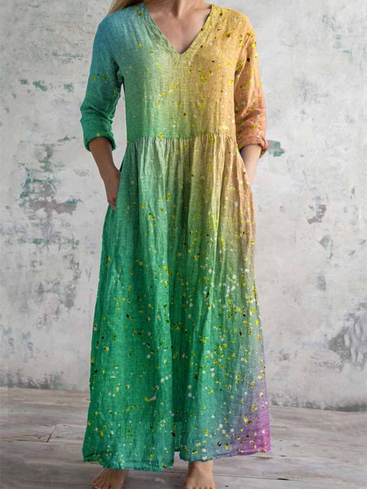Women's Colorful Gradient Art Pattern Cotton And Linen Dress With Pock